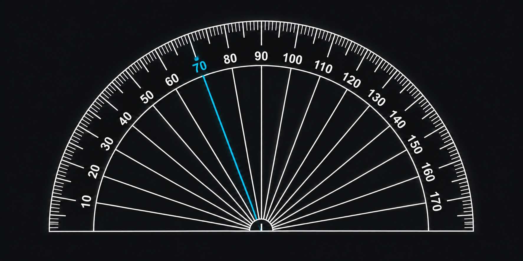 Protractor with white markings and a blue 70-degree line